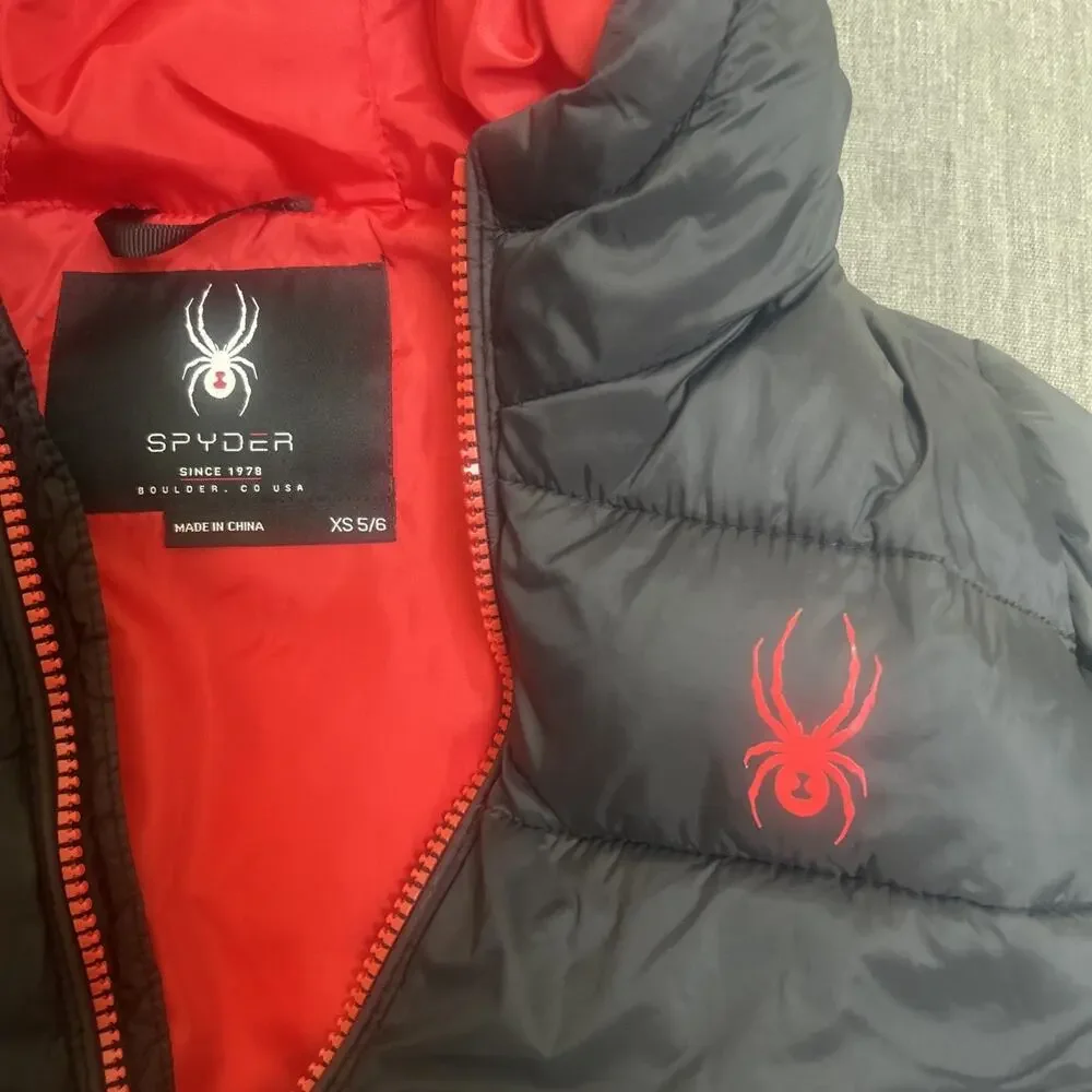 Spyder Puffer zip Jacket Boys xs 5/6 Black Red Kids Children's Ski winter Coat